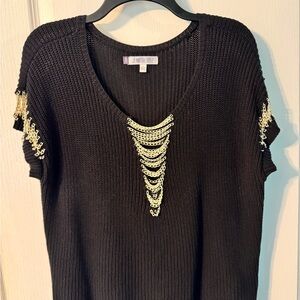 Jennifer Lopez Black Knit Top with Gold Chain Accents